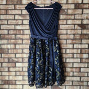 SLNY Blue Gold Sparkle Midi Dress Size 16W